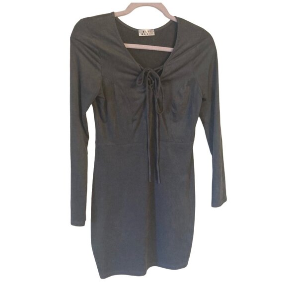 Y2K Blue Blush Tie Front Fitted Gray Mini Dress Faux Suede Long Sleeves Medium - Picture 1 of 7